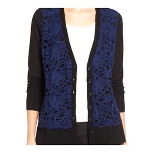 Halogen Merino Wool Appliqué Button Down Long Sleeve Knit Cardigan Black Navy XL